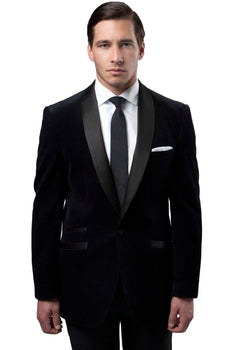 Mens Black Blazer - Men's One Button Velvet Shawl Collar Tuxedo Jacket in Black