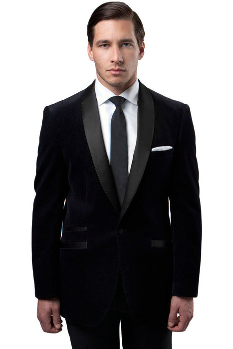 Mens Black Blazer - Men's One Button Velvet Shawl Collar Tuxedo Jacket in Black