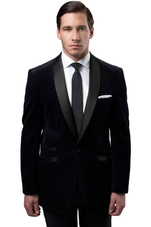 Mens Black Blazer - Men's One Button Velvet Shawl Collar Tuxedo Jacket in Black