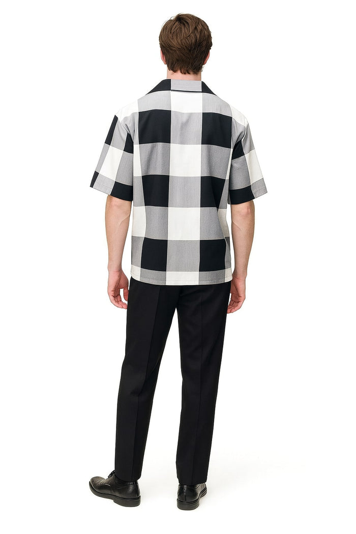 Mens Black and White Checkered Short Sleeve Shirt Set – Casual Two-Piece Summer Outfit - Image 4