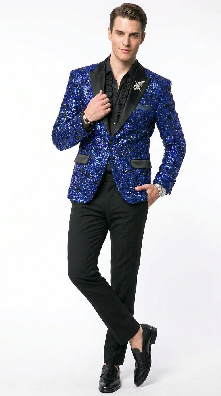 Men’s Blue Sequin Sparkle Blazer Jacket with Black Satin Lapel, Party Prom Wedding Dinner Coat