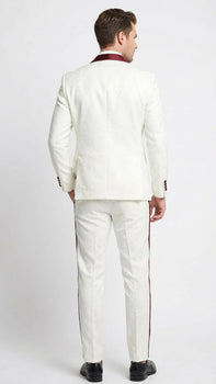 Men’s Ivory and Burgundy Jacquard Tuxedo Suit – Luxury Slim Fit 3-Piece Formal Wedding, Prom, and Gala Outfit in Cream Off White Color