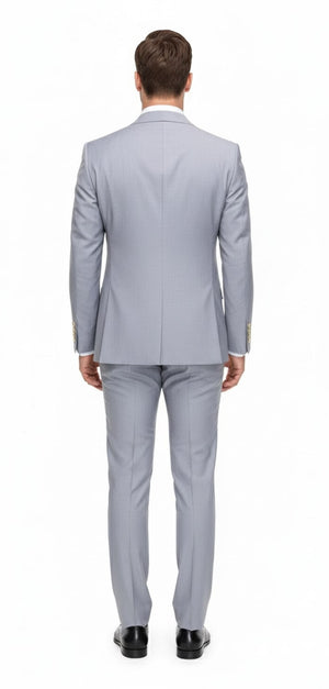 Mens Silver Grey Double-Breasted 3-Piece Suit – Classic Tailored Fit with Peak Lapel and Gold Buttons for Weddings, Church and Formal Events