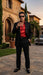 Tony Montana’s Black Blazer with Red Sateen Shirt – Men’s Black Formal Blazer and Red Satin Style Shirt Outfit for Party, Wedding and Vintage Wear