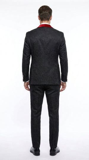 Men’s Black Paisley Tuxedo with Red Velvet Shawl Lapel – 3 Piece Wedding Prom Suit With Matching Bowtie
