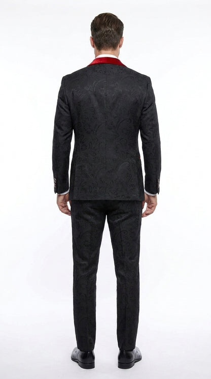 Men’s Black Paisley Tuxedo with Red Velvet Shawl Lapel – 3 Piece Wedding Prom Suit With Matching Bowtie