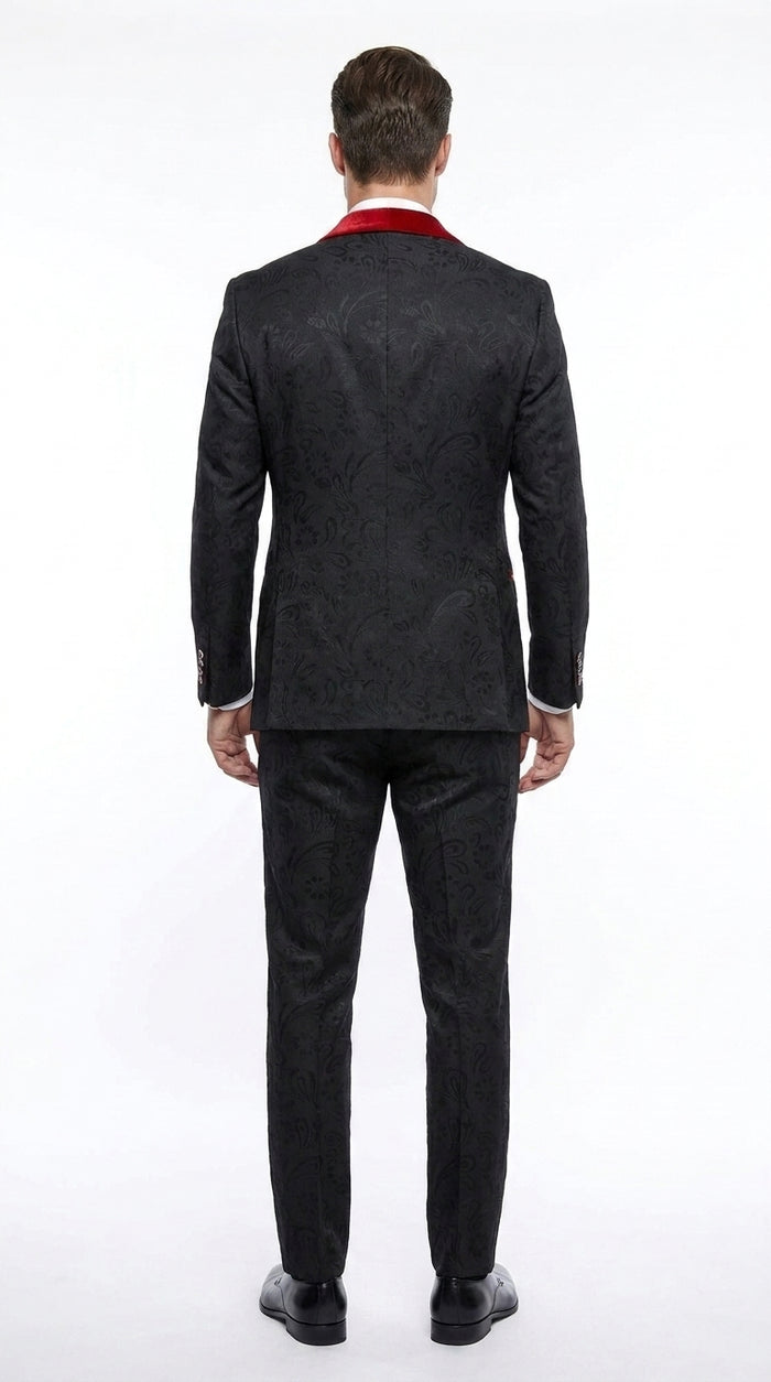 Men’s Black Paisley Tuxedo with Red Velvet Shawl Lapel – 3 Piece Wedding Prom Suit With Matching Bowtie