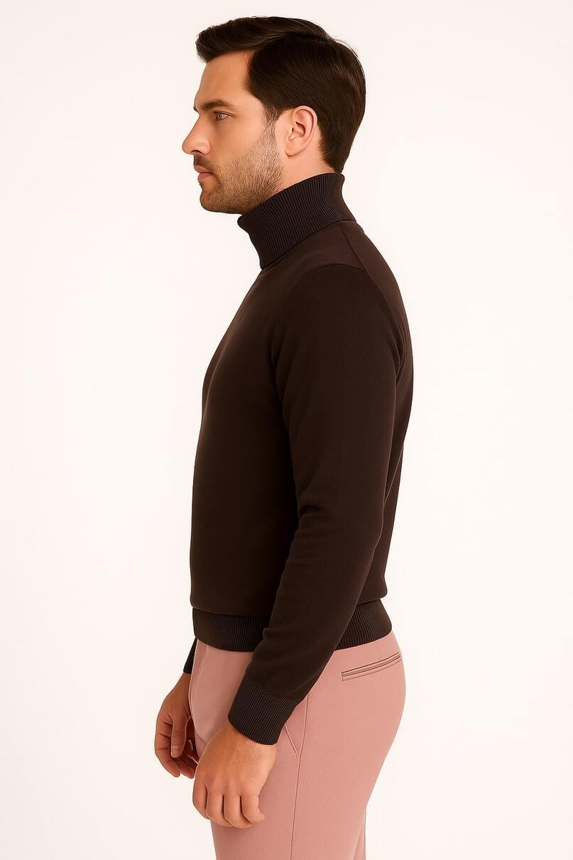 Men's Brown Turtleneck Sweater – Classic Slim Fit Knit Pullover for Fall and Winter - Image 2