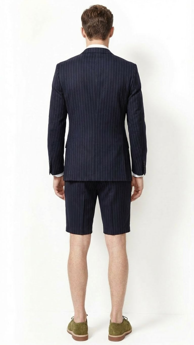Men’s Dark Navy Blue Pinstripe or Black Pinstripe  Summer Business Suit with Shorts Pants Set – Sport Coat Style Formal and Casual Outfit