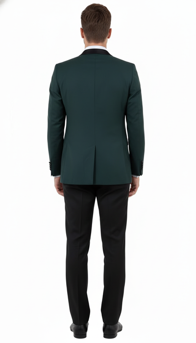 Men’s Green Tuxedo Suit – Slim Fit Jacket with Black Satin Shawl Lapel and Black Pants in Hunter Green