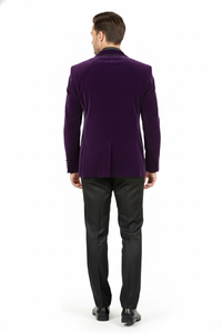 Men’s Purple Velvet Blazer – Luxury Slim Fit Formal Jacket with Black Satin Trim Tuxedo Dinner Jacket