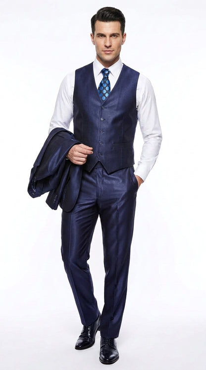 Men's Shiny Navy Blue Sateen 3-Piece Suit – Elegant Wedding, Prom Dress Suit with Matching Vest and Pants Slim Fitted
