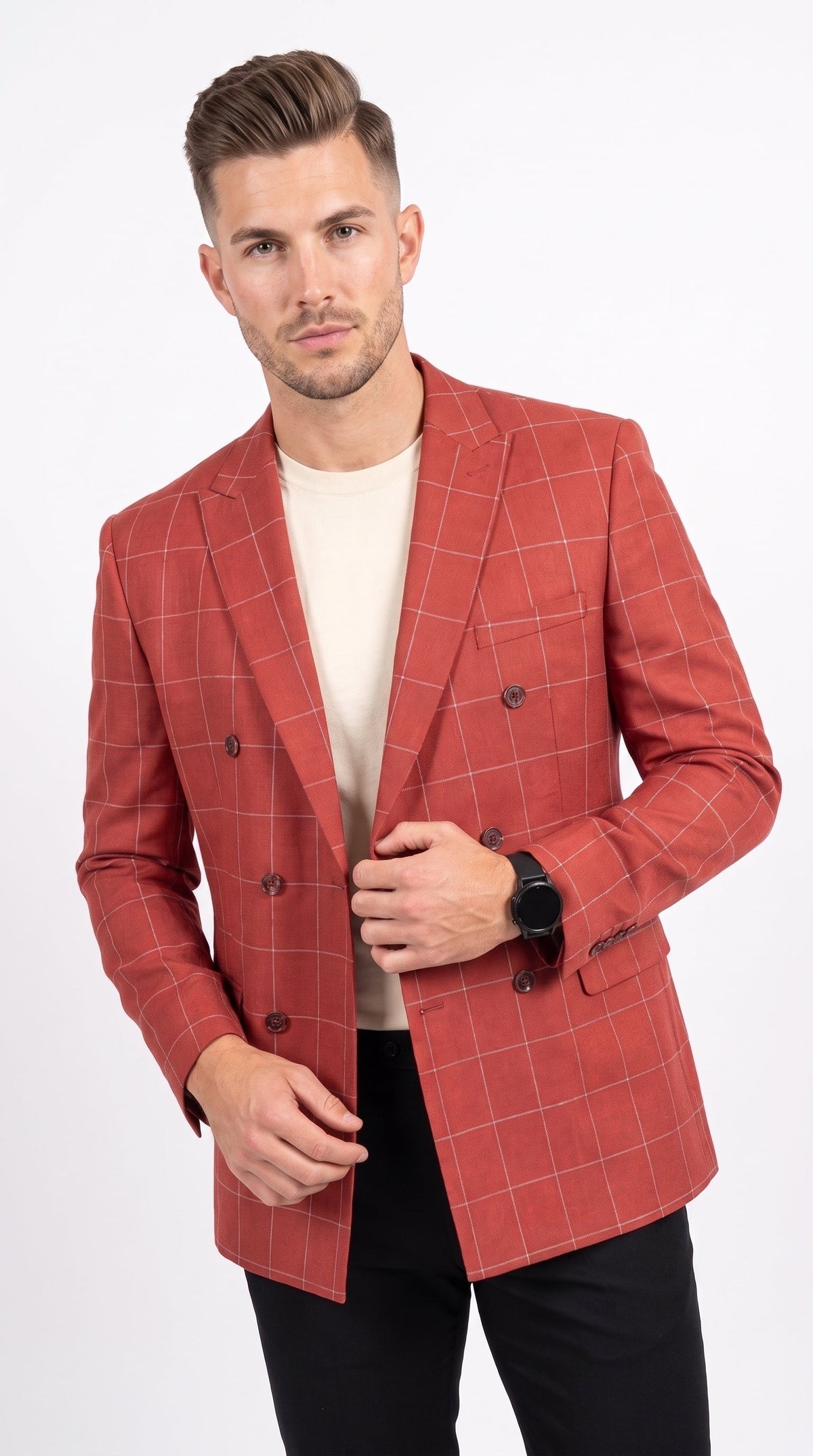 Men's Red Windowpane Plaid Double Breasted Suit – Modern Fit 2 Piece