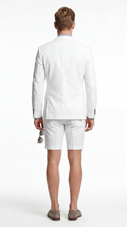 Men’s Cotton Fabric White 2 Piece Summer Suit with Shorts, Casual Beach Wedding and Resort Formal Outfit