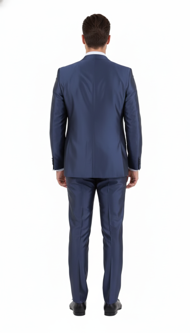 Men’s Navy Blue Shiny Finish 3-Piece Suit Set – Premium Tailored Fit Formal Wedding and Party Sateen Slim Fitted Suit