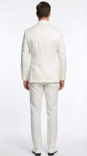 Men’s Ivory Double Breasted Tuxedo Dinner Jacket – Textured Blazer Paisley Texture Pattern in Off White Cream Color + Bowtie