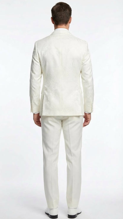 Men’s Ivory Double Breasted Tuxedo Dinner Jacket – Textured Blazer Paisley Texture Pattern in Off White Cream Color + Bowtie