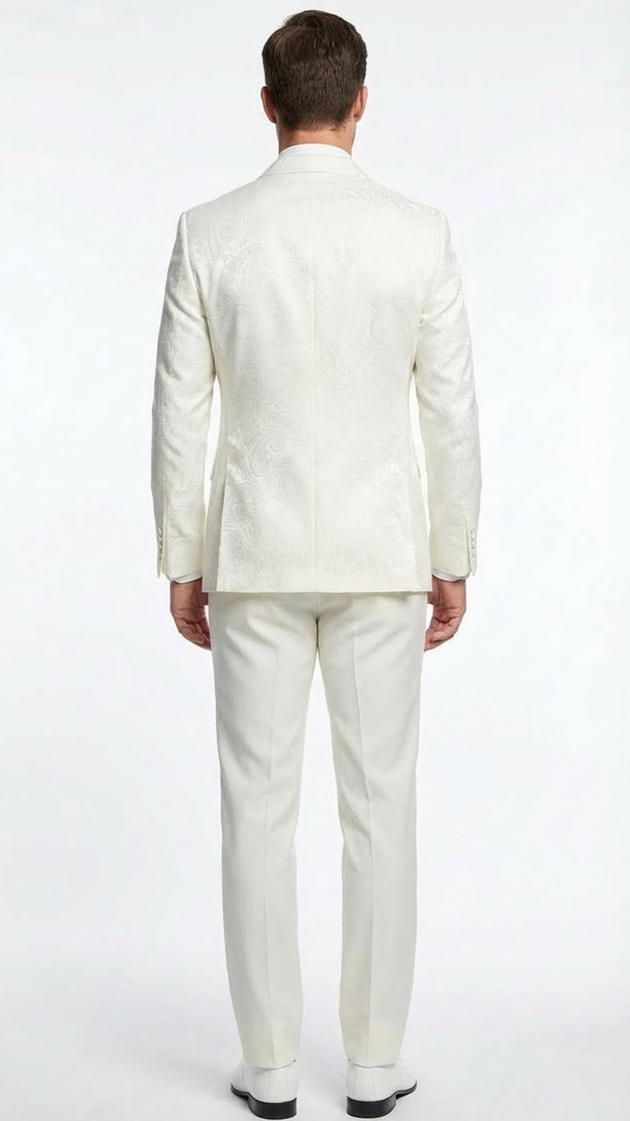 Men’s Ivory Double Breasted Tuxedo Dinner Jacket – Textured Blazer Paisley Texture Pattern in Off White Cream Color + Bowtie
