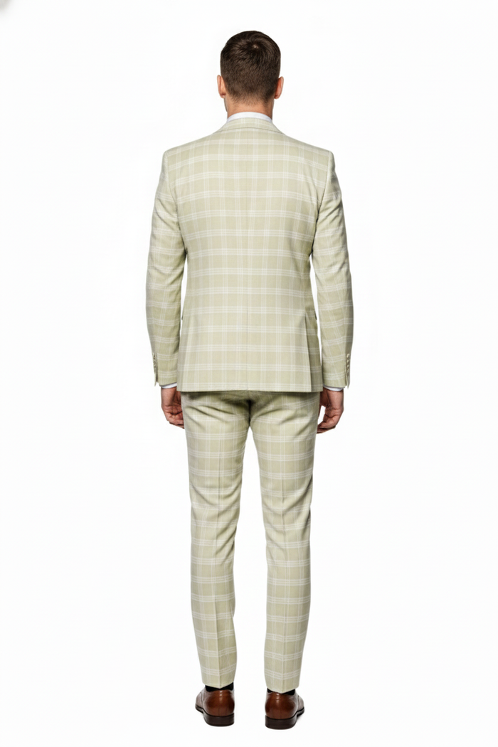 Men’s Light Beige Check 3-Piece Suit Set – Premium Tailored Fit Formal Wedding and Spring Event Suit Light Tan Sand Color By Rossiman