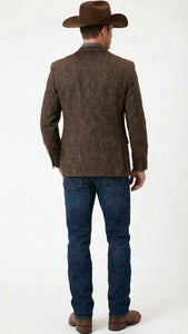 Men’s Brown Western Tweed Herringbone Blazer Jacket – Classic Cowboy Style Sport Coat for Wedding Party