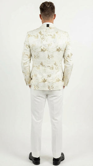 Men’s White and Gold Patterned Blazer – Paisley Floral Pattern Prom Wedding Suit Tuxedo Dinner Jacket + Bowtie