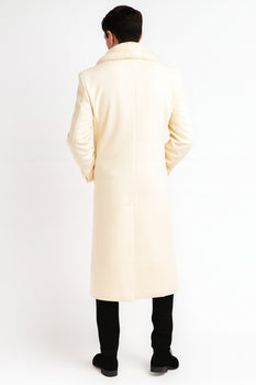 Men’s Ivory Full-Length Overcoat with Luxurious Faux Fur Shawl Collar – Winter Dress Coat