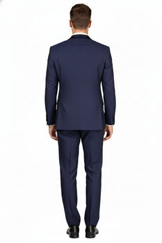 Men’s Navy Blue Double-Breasted Tuxedo with navy Satin Peak Lapel Wedding Suit