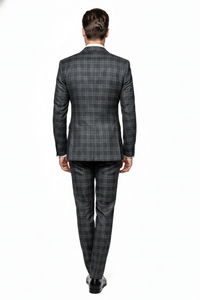 Men’s Charcoal Plaid Double-Breasted Suit –  Tailored Pants Windowpane Pattern By Rossiman