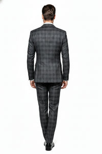 Men’s Charcoal Plaid Double-Breasted Suit –  Tailored Pants Windowpane Pattern By Rossiman