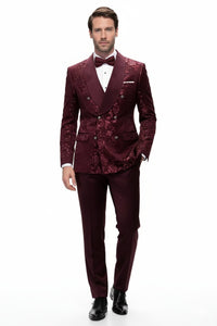 Men’s Burgundy Floral Jacquard Tuxedo Dinner Jacket – Paisley Velvet Lapel Formal Wear for Wedding and Prom