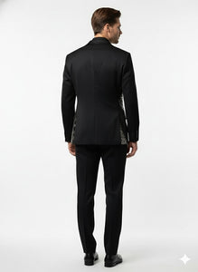 Mens Black and White and Silver Sequin Embroidered Blazer – Luxury Designer Party Wear with Geometric Detailing - Image 2