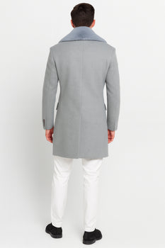 Men’s Light Grey Double Breasted Overcoat with Faux Fur Shawl Collar – Winter Luxury Coat Wool Fabric