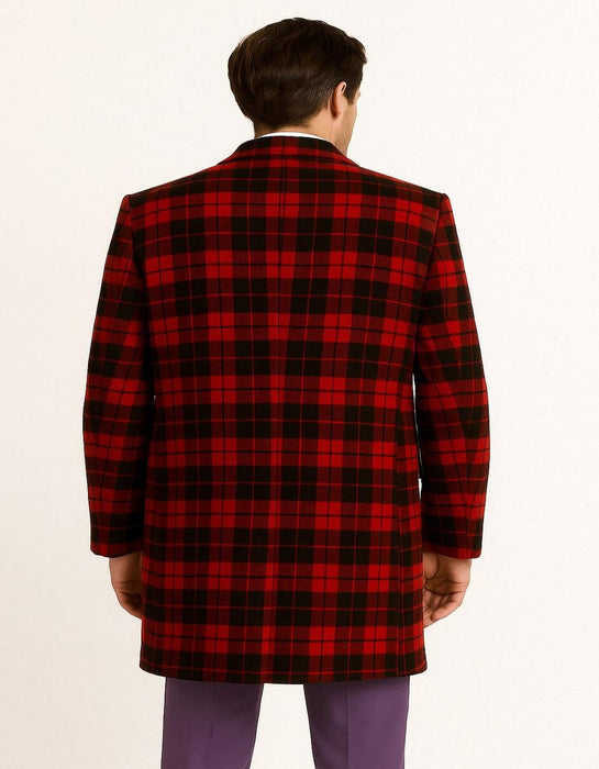 Men’s Red and Black Plaid Wool Overcoat – Tartan Texture Fabric Christmas Carcoat