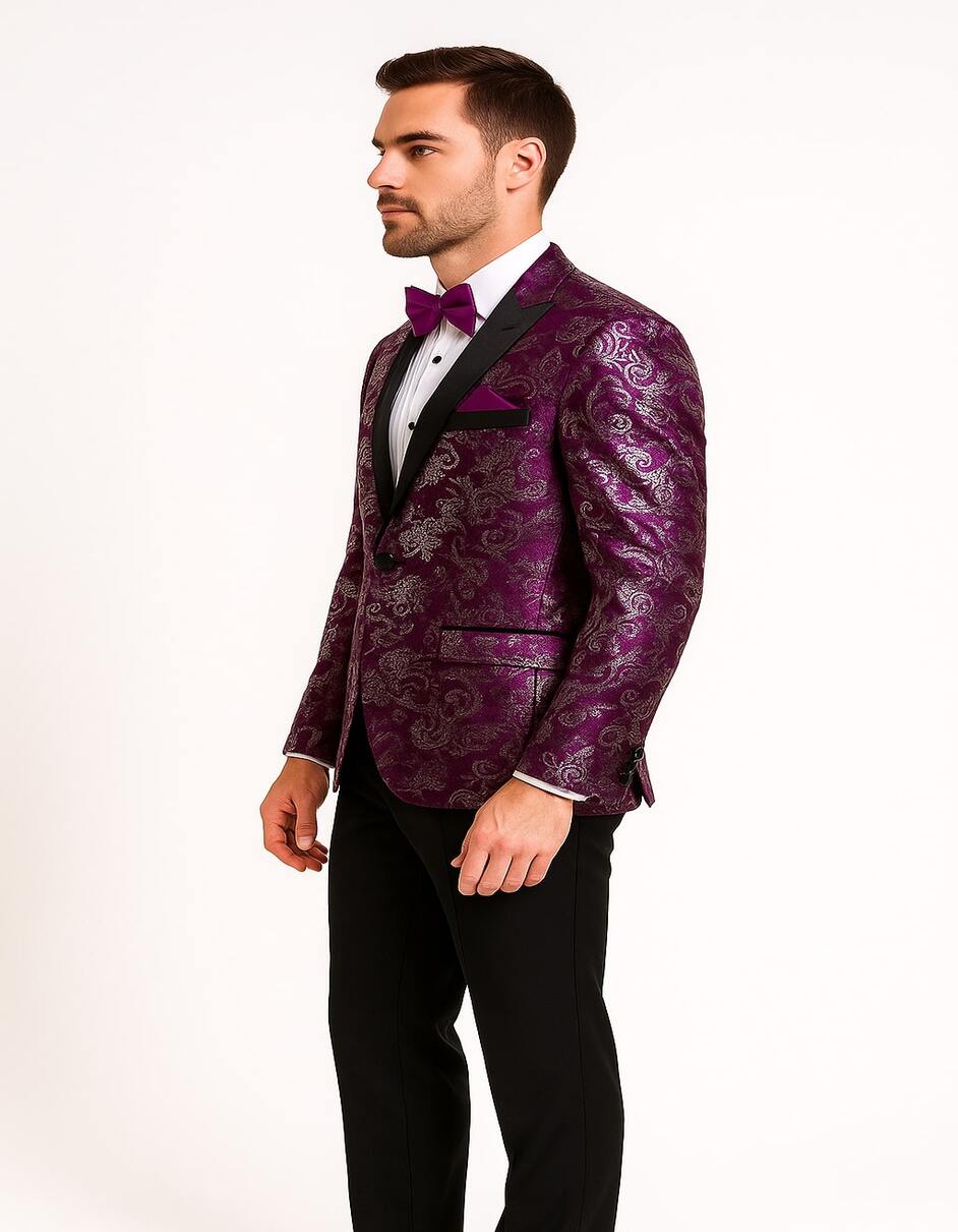 Men's Pinkish ~ Purple Paisley Tuxedo Jacket with Black Satin Lapel – Formal Prom and Wedding Blazer in Meganta Color - Image 2
