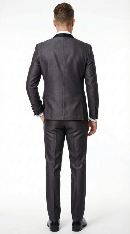 Men’s Shiny Sateen Charcoal Gray Tuxedo 3 Piece Suit with Black Shawl Lapel | Formal Wedding Prom Suit Sharkskin