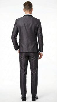 Men’s Shiny Sateen Charcoal Gray Tuxedo 3 Piece Suit with Black Shawl Lapel | Formal Wedding Prom Suit Sharkskin
