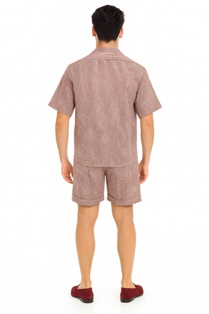 Men’s Burgundy Reddish Seersucker Short Set Walking Suit – Two-Piece Cuffed Shorts with Expandable Waist