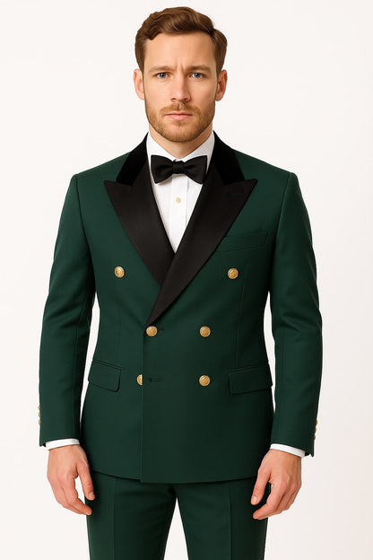 Men's Green Double-Breasted Wedding Tuxedo with Black Velvet Lapel and Gold Buttons - Image 2