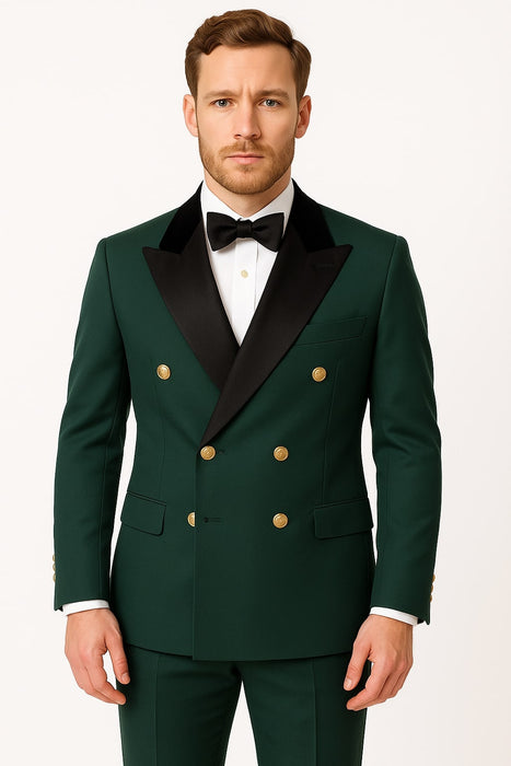 Men's Green Double-Breasted Wedding Tuxedo with Black Velvet Lapel and Gold Buttons