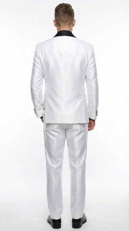 Men’s White Shiny Flashy Fabric Tuxedo Suit with Black Shawl Lapel | Luxury Formal Wedding and Evening Suits Sharkskin Metallic Fabric