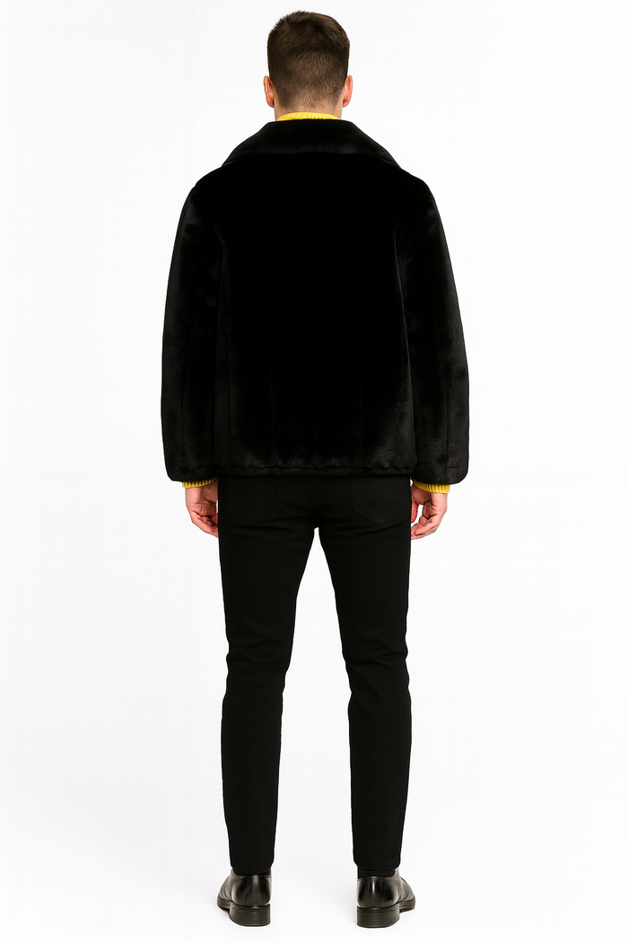 Men’s Black Faux Fur Jacket – Luxury Winter Zip-Up Coat with Soft Plush Finish