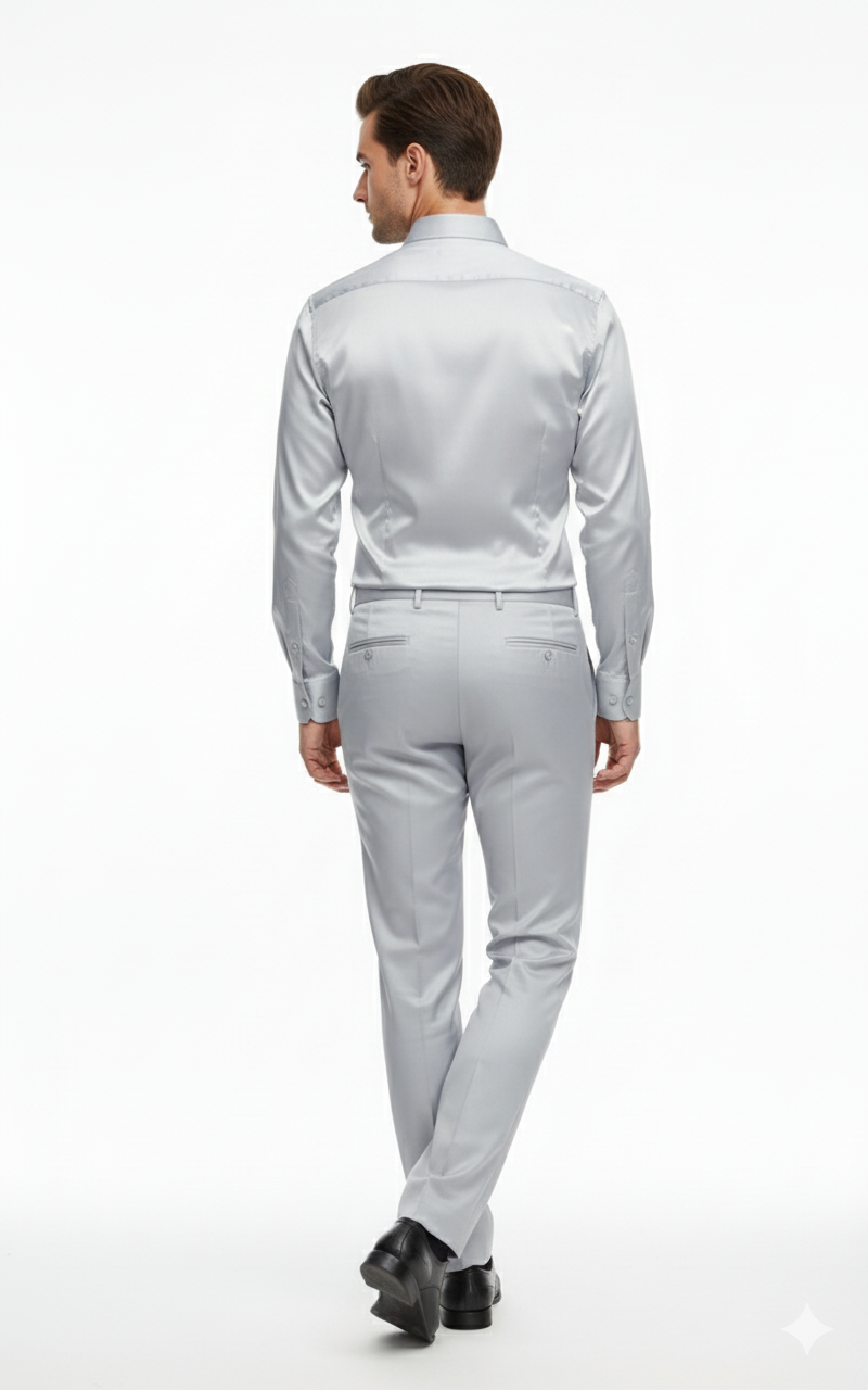 Men’s Silver Satin Dress Shirt  – Luxury Slim Fit Outfit for Parties, Weddings, and Formal Events