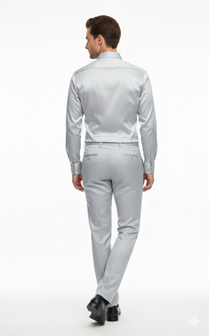 Men’s Silver Satin Dress Shirt  – Luxury Slim Fit Outfit for Parties, Weddings, and Formal Events