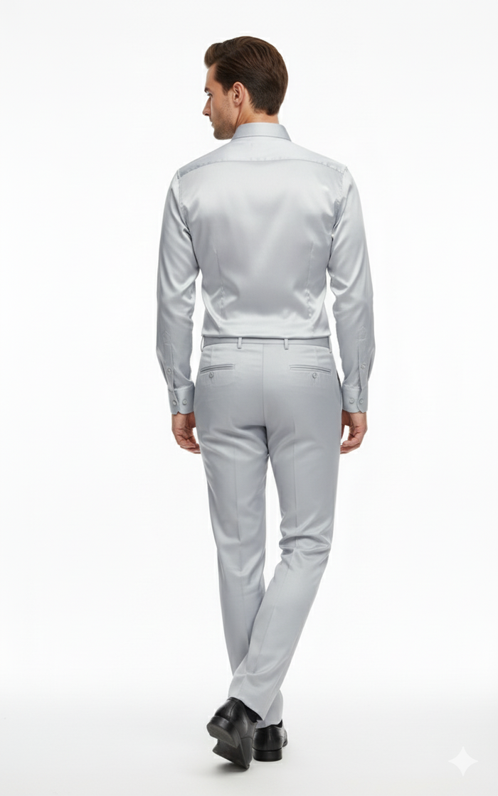 Men’s Silver Satin Dress Shirt  – Luxury Slim Fit Outfit for Parties, Weddings, and Formal Events