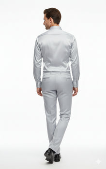 Men’s Silver Satin Dress Shirt and Pants Set – Luxury Slim Fit Outfit for Parties, Weddings, and Formal Events