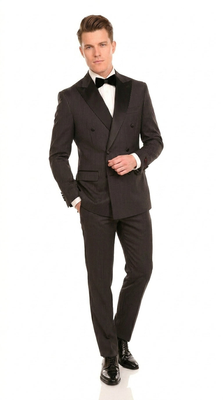 Men’s Double Breasted Suit – Classic Peak Lapel Formal Tuxedo Style Suit for Wedding in Black Ton on Tone Pinstripe Chocolate brown / 36 Short