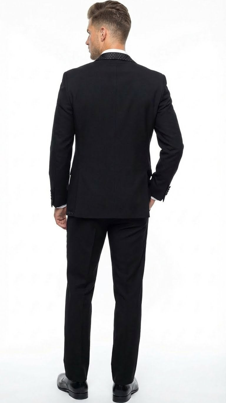 Men's Black Vested Tuxedo Suit with Patterned Lapel – Classic Formal Suit for Wedding, Party and Evening Events - Image 2