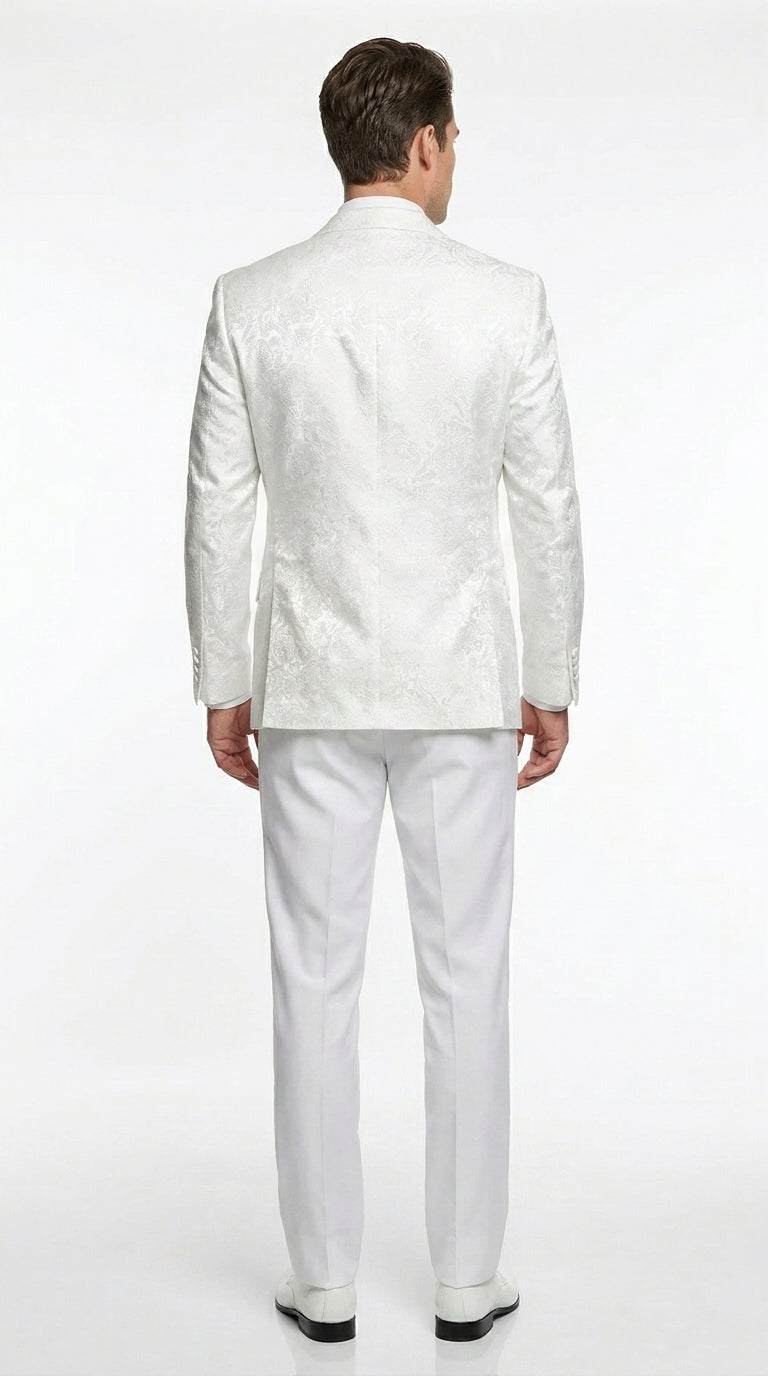 Men’s White Paisley Wedding Tuxedo with Groom Suit Jacket, Vest and Pants, Formal Dress Suit