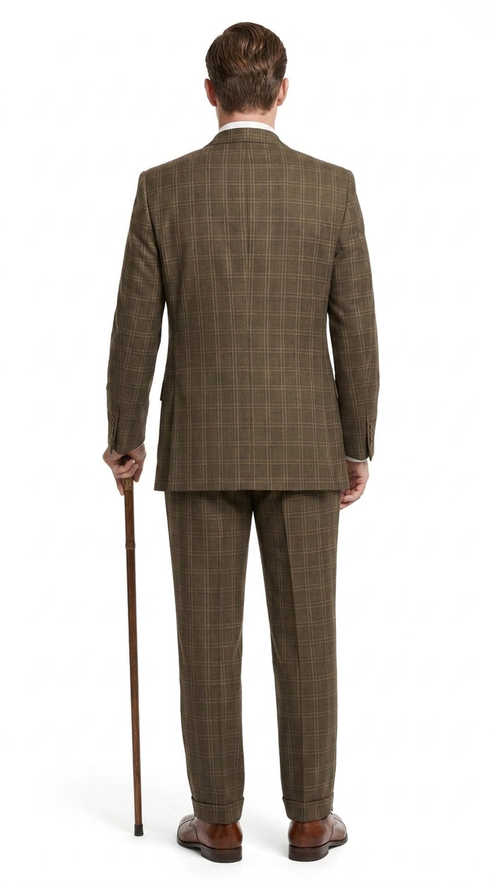 Men’s 1930s Brown Plaid 3 Piece Suit, Vintage Formal Wedding Business Dress Suit Set  Modern Fit
