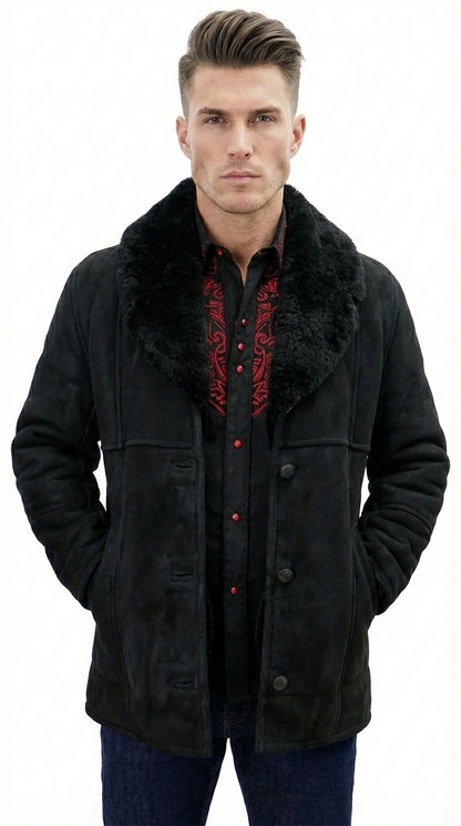 Men’s Black Sheepskin Leather Jacket Cowboy – Warm Faux Fur Collar Coat, Winter Long Jacket, Casual Western Style Outerwear